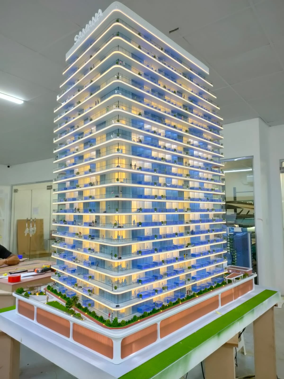 Samana residential tower architectural scale model with lit balconies